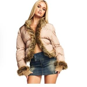 BRAND NEW Women's Tan Fur-Trimmed Puffer Jacket. Never worn